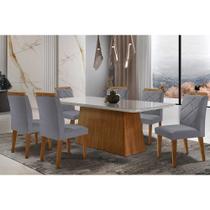 Sala de Jantar Completa Luna Tampo Madeirado c/ Vidro Curvo 180x90 e 6 Cadeiras Melissa Imbuia - Veludo Grafite - Rufato