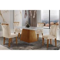 Sala de Jantar Completa Luna Tampo Madeirado c/ Vidro Reto 120x80 e 4 Cadeiras Amsterdã Imbuia - Veludo Creme - Rufato