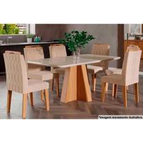 Sala de Jantar Completa Maite c/ Tampo Madeirado c/ Vidro Canto Curvo 160X80cm e 6 Cadeiras Paola Madeirado/ Linho Bege - Cimol