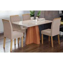 Sala de Jantar Completa Maitê Tampo Madeirado c/ Vidro 130x80cm e 4 Cadeiras Juliana Cinamomo/Off White - Carvalho/Linho Bege - Cimol