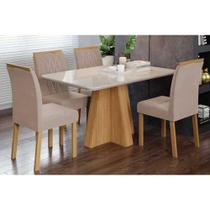 Sala de Jantar Completa Maitê Tampo Madeirado c/ Vidro 130x80cm e 4 Cadeiras Juliana Nature/Off White - Carvalho/Linho Bege - Cimol