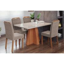 Sala de Jantar Completa Maitê Tampo Madeirado c/ Vidro 130x80cm e 4 Cadeiras Paola Cinamomo/Off White - Carvalho/Linho Bege - Cimol