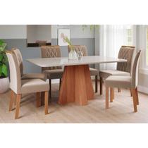 Sala de Jantar Completa Maitê Tampo Madeirado c/ Vidro 160x80cm e 6 Cadeiras Juliana Cinamomo/Off White - Carvalho/Linho Bege - Cimol