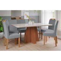 Sala de Jantar Completa Maitê Tampo Madeirado c/ Vidro 160x80cm e 6 Cadeiras Paola Cinamomo/Off White - Carvalho/Linho Grafite - Cimol