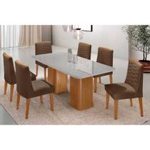 Sala de Jantar Completa Maldivas c/ Tampo Madeirado c/ Vidro Canto Curvo 180x90cm e 6 Cadeiras Maldivas Naturale/Off White - Suede Marrom - Rufato Sala de Jantar Completa Maldivas c/ Tampo Madeirado c/ Vidro Canto Curvo 180x90cm e 6 Cadeiras Maldivas Naturale/Off White - Suede Marrom - Rufato