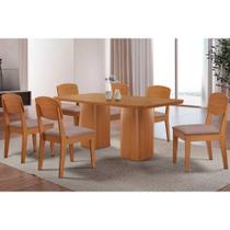 Sala de Jantar Completa Maldivas c/ Tampo Madeirado Canto Curvo 180x90cm e 6 Cadeiras Havana Naturale - Linho Capuccino - Rufato Sala de Jantar Completa Maldivas c/ Tampo Madeirado Canto Curvo 180x90cm e 6 Cadeiras Havana Naturale - Linho Capuccino - Rufato