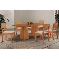 Sala de Jantar Completa Maldivas c/ Tampo Madeirado Canto Curvo 180x90cm e 6 Cadeiras Havana Premium Naturale - Suede Creme - Rufato Sala de Jantar Completa Maldivas c/ Tampo Madeirado Canto Curvo 180x90cm e 6 Cadeiras Havana Premium Naturale - Suede Creme - Rufato