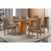 Sala de Jantar Completa Maldivas c/ Tampo Madeirado Canto Curvo 180x90cm e 6 Cadeiras Pietá Naturale - Suede Capuccino - Rufato