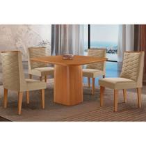 Sala de Jantar Completa Maldivas c/ Tampo Madeirado Canto Curvo 90x90cm e 4 Cadeiras Dafne Naturale - Linho Bege - Rufato