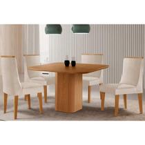 Sala de Jantar Completa Maldivas c/ Tampo Madeirado Canto Curvo 90x90cm e 4 Cadeiras Dakota Naturale - Suede Creme - Rufato