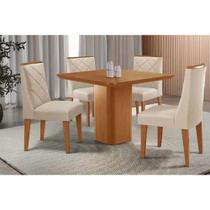 Sala de Jantar Completa Maldivas c/ Tampo Madeirado Canto Curvo 90x90cm e 4 Cadeiras Pietá Naturale - Suede Creme - Rufato