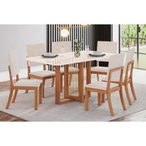 Sala de Jantar Completa Natalí c/ Tampo Madeirado c/ Vidro Curvo 160x90cm e 6 Cadeiras Milla Nature/Veludo Light Linho - Henn