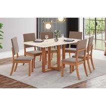 Sala de Jantar Completa Natalí c/ Tampo Madeirado c/ Vidro Reto 160x90cm e 6 Cadeiras Milla Nature/Veludo Light Marrom Amêndoa - Henn