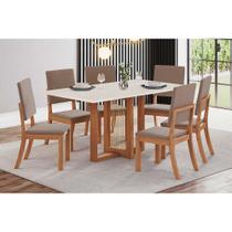Sala de Jantar Completa Natalí c/ Tampo Madeirado Reto s/ Vidro 160x90cm e 6 Cadeiras Milla Nature/Veludo Light Marrom Amêndoa - Henn