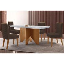 Sala de Jantar Completa Nevada c/ Tampo Madeirado c/ Vidro Canto Curvo 120x80cm e 4 Cadeiras Dafne Naturale/Off White - Suede Marrom - Rufato Sala de Jantar Completa Nevada c/ Tampo Madeirado c/ Vidro Canto Curvo 120x80cm e 4 Cadeiras Dafne Naturale/Off White - Suede Marrom - Rufato