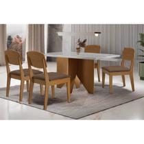 Sala de Jantar Completa Nevada c/ Tampo Madeirado c/ Vidro Canto Curvo 120x80cm e 4 Cadeiras Havana Naturale/Off White - Suede Marrom - Rufato