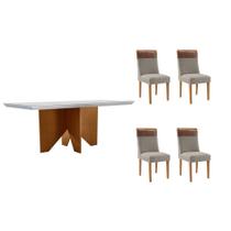 Sala de Jantar Completa Nevada c/ Tampo Madeirado c/ Vidro Canto Curvo 120x80cm e 4 Cadeiras Jaspe Naturale/Off White - Suede Capuccino - Rufato