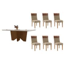 Sala de Jantar Completa Nevada c/ Tampo Madeirado c/ Vidro Canto Curvo 180x90cm e 6 Cadeiras Jaspe Naturale/Off White - Linho Bege - Rufato