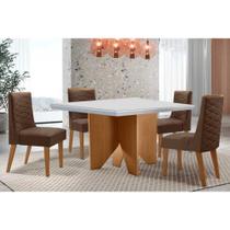 Sala de Jantar Completa Nevada c/ Tampo Madeirado c/ Vidro Canto Curvo 90x90cm e 4 Cadeiras Dafne Naturale/Off White - Suede Marrom - Rufato Sala de Jantar Completa Nevada c/ Tampo Madeirado c/ Vidro Canto Curvo 90x90cm e 4 Cadeiras Dafne Naturale/Off White - Suede Marrom - Rufato