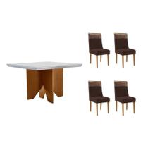 Sala de Jantar Completa Nevada c/ Tampo Madeirado c/ Vidro Canto Curvo 90x90cm e 4 Cadeiras Jaspe Naturale/Off White - Suede Marrom - Rufato Sala de Jantar Completa Nevada c/ Tampo Madeirado c/ Vidro Canto Curvo 90x90cm e 4 Cadeiras Jaspe Naturale/Off White - Suede Marrom - Rufato