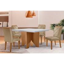 Sala de Jantar Completa Nevada c/ Tampo Madeirado c/ Vidro Canto Curvo 90x90cm e 4 Cadeiras Pietá Naturale/Off White - Linho Bege - Rufato Sala de Jantar Completa Nevada c/ Tampo Madeirado c/ Vidro Canto Curvo 90x90cm e 4 Cadeiras Pietá Naturale/Off White - Linho Bege - Rufato