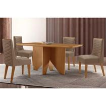 Sala de Jantar Completa Nevada c/ Tampo Madeirado Canto Curvo 120x80cm e 4 Cadeiras Dafne Naturale - Suede Capuccino - Rufato