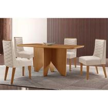 Sala de Jantar Completa Nevada c/ Tampo Madeirado Canto Curvo 120x80cm e 4 Cadeiras Dafne Naturale - Suede Creme - Rufato