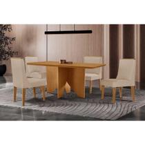 Sala de Jantar Completa Nevada c/ Tampo Madeirado Canto Curvo 120x80cm e 4 Cadeiras Dakota Naturale - Suede Creme - Rufato
