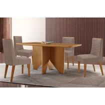 Sala de Jantar Completa Nevada c/ Tampo Madeirado Canto Curvo 120x80cm e 4 Cadeiras Maldivas Naturale - Linho Capuccino - Rufato Sala de Jantar Completa Nevada c/ Tampo Madeirado Canto Curvo 120x80cm e 4 Cadeiras Maldivas Naturale - Linho Capuccino - Rufato