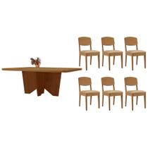 Sala de Jantar Completa Nevada c/ Tampo Madeirado Canto Curvo 180x90cm e 6 Cadeiras Havana Naturale - Linho Bege - Rufato Sala de Jantar Completa Nevada c/ Tampo Madeirado Canto Curvo 180x90cm e 6 Cadeiras Havana Naturale - Linho Bege - Rufato