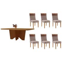 Sala de Jantar Completa Nevada c/ Tampo Madeirado Canto Curvo 180x90cm e 6 Cadeiras Jaspe Naturale - Linho Capuccino - Rufato Sala de Jantar Completa Nevada c/ Tampo Madeirado Canto Curvo 180x90cm e 6 Cadeiras Jaspe Naturale - Linho Capuccino - Rufato