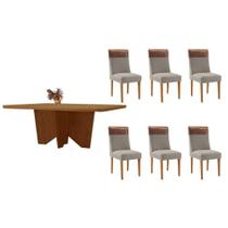 Sala de Jantar Completa Nevada c/ Tampo Madeirado Canto Curvo 180x90cm e 6 Cadeiras Jaspe Naturale - Suede Capuccino - Rufato Sala de Jantar Completa Nevada c/ Tampo Madeirado Canto Curvo 180x90cm e 6 Cadeiras Jaspe Naturale - Suede Capuccino - Rufato