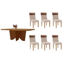 Sala de Jantar Completa Nevada c/ Tampo Madeirado Canto Curvo 180x90cm e 6 Cadeiras Jaspe Naturale - Suede Creme - Rufato Sala de Jantar Completa Nevada c/ Tampo Madeirado Canto Curvo 180x90cm e 6 Cadeiras Jaspe Naturale - Suede Creme - Rufato