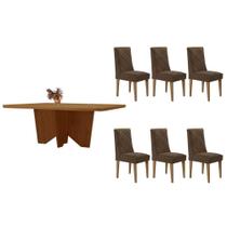 Sala de Jantar Completa Nevada c/ Tampo Madeirado Canto Curvo 180x90cm e 6 Cadeiras Pietá Naturale - Linho Capuccino - Rufato