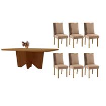 Sala de Jantar Completa Nevada c/ Tampo Madeirado Canto Curvo 180x90cm e 6 Cadeiras Tilia Naturale - Linho Capuccino - Rufato Sala de Jantar Completa Nevada c/ Tampo Madeirado Canto Curvo 180x90cm e 6 Cadeiras Tilia Naturale - Linho Capuccino - Rufato