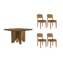 Sala de Jantar Completa Nevada c/ Tampo Madeirado Canto Curvo 90x90cm e 4 Cadeiras Havana Naturale - Suede Marrom - Rufato
