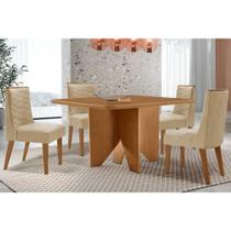 Sala de Jantar Completa Nevada c/ Tampo Madeirado Canto Curvo 90x90cm e 4 Cadeiras Maldivas Naturale - Suede Creme - Rufato Sala de Jantar Completa Nevada c/ Tampo Madeirado Canto Curvo 90x90cm e 4 Cadeiras Maldivas Naturale - Suede Creme - Rufato
