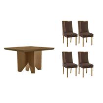 Sala de Jantar Completa Nevada c/ Tampo Madeirado Canto Curvo 90x90cm e 4 Cadeiras Tilia Naturale - Suede Marrom - Rufato Sala de Jantar Completa Nevada c/ Tampo Madeirado Canto Curvo 90x90cm e 4 Cadeiras Tilia Naturale - Suede Marrom - Rufato