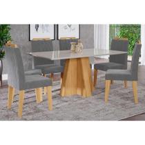 Sala de Jantar Completa Patricia c/ Tampo Madeirado c/ Vidro Canto Reto 160x80cm e 6 Cadeiras Paola Nature/Off White - Madeira/Linho Grafite - Cimol