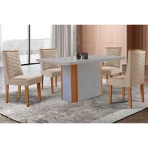 Sala de Jantar Completa Pietá c/ Tampo Madeirado c/ Vidro Canto Curvo 120x80cm e 4 Cadeiras Dafne Naturale/Off White - Suede Creme - Rufato