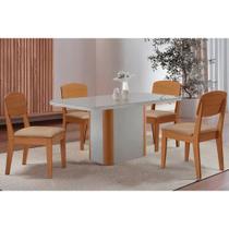 Sala de Jantar Completa Pietá c/ Tampo Madeirado c/ Vidro Canto Curvo 120x80cm e 4 Cadeiras Havana Naturale/Off White - Linho Bege - Rufato Sala de Jantar Completa Pietá c/ Tampo Madeirado c/ Vidro Canto Curvo 120x80cm e 4 Cadeiras Havana Naturale/Off White - Linho Bege - Rufato