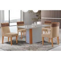 Sala de Jantar Completa Pietá c/ Tampo Madeirado c/ Vidro Canto Curvo 120x80cm e 4 Cadeiras Jaspe Naturale/Off White - Linho Bege - Rufato Sala de Jantar Completa Pietá c/ Tampo Madeirado c/ Vidro Canto Curvo 120x80cm e 4 Cadeiras Jaspe Naturale/Off White - Linho Bege - Rufato