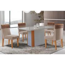 Sala de Jantar Completa Pietá c/ Tampo Madeirado c/ Vidro Canto Curvo 120x80cm e 4 Cadeiras Jaspe Naturale/Off White - Suede Capuccino - Rufato