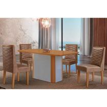 Sala de Jantar Completa Pietá c/ Tampo Madeirado Canto Curvo 120x80cm e 4 Cadeiras Dafne Naturale/Off White - Corano Capuccino - Rufato