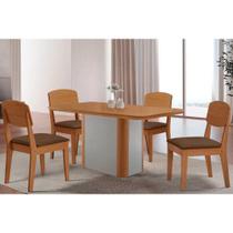Sala de Jantar Completa Pietá c/ Tampo Madeirado Canto Curvo 120x80cm e 4 Cadeiras Havana Naturale/Off White - Suede Marrom - Rufato