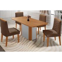 Sala de Jantar Completa Pietá c/ Tampo Madeirado Canto Curvo 120x80cm e 4 Cadeiras Maldivas Naturale/Off White - Suede Marrom - Rufato