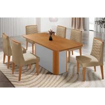 Sala de Jantar Completa Pietá c/ Tampo Madeirado Canto Curvo 180x90cm e 6 Cadeiras Maldivas Naturale/Off White - Linho Bege - Rufato
