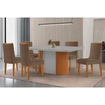 Sala de Jantar Completa Pilar c/ Tampo Madeirado c/ Vidro Canto Curvo 180x90cm e 6 Cadeiras Dakota Naturale/Off White - Suede Capuccino - Rufato
