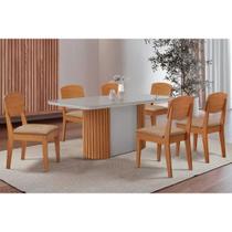 Sala de Jantar Completa Pilar c/ Tampo Madeirado c/ Vidro Canto Curvo 180x90cm e 6 Cadeiras Havana Naturale/Off White - Linho Bege - Rufato