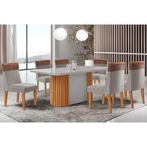 Sala de Jantar Completa Pilar c/ Tampo Madeirado c/ Vidro Canto Curvo 180x90cm e 6 Cadeiras Jaspe Naturale/Off White - Suede Capuccino - Rufato